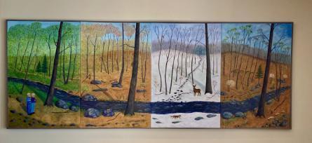 A painting depicting a woodland scene of the Burnham Brook Preserve in East Haddam, Connecticut, with four panels representing fall, winter, spring and summer. The picture includes birds, animals and figures of Dr. Richard Goodwin and his wife Esther who were stewards of the land.