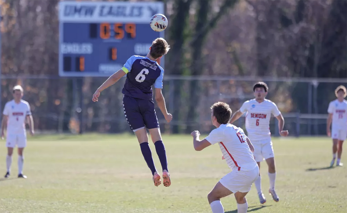 Defender Alessandro Horvath Diano '25 heads the ball during Elite Eight action.